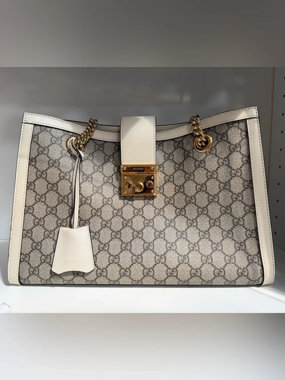 Gucci Beige GG Supreme Tote with White Trim and Gold Hardware
